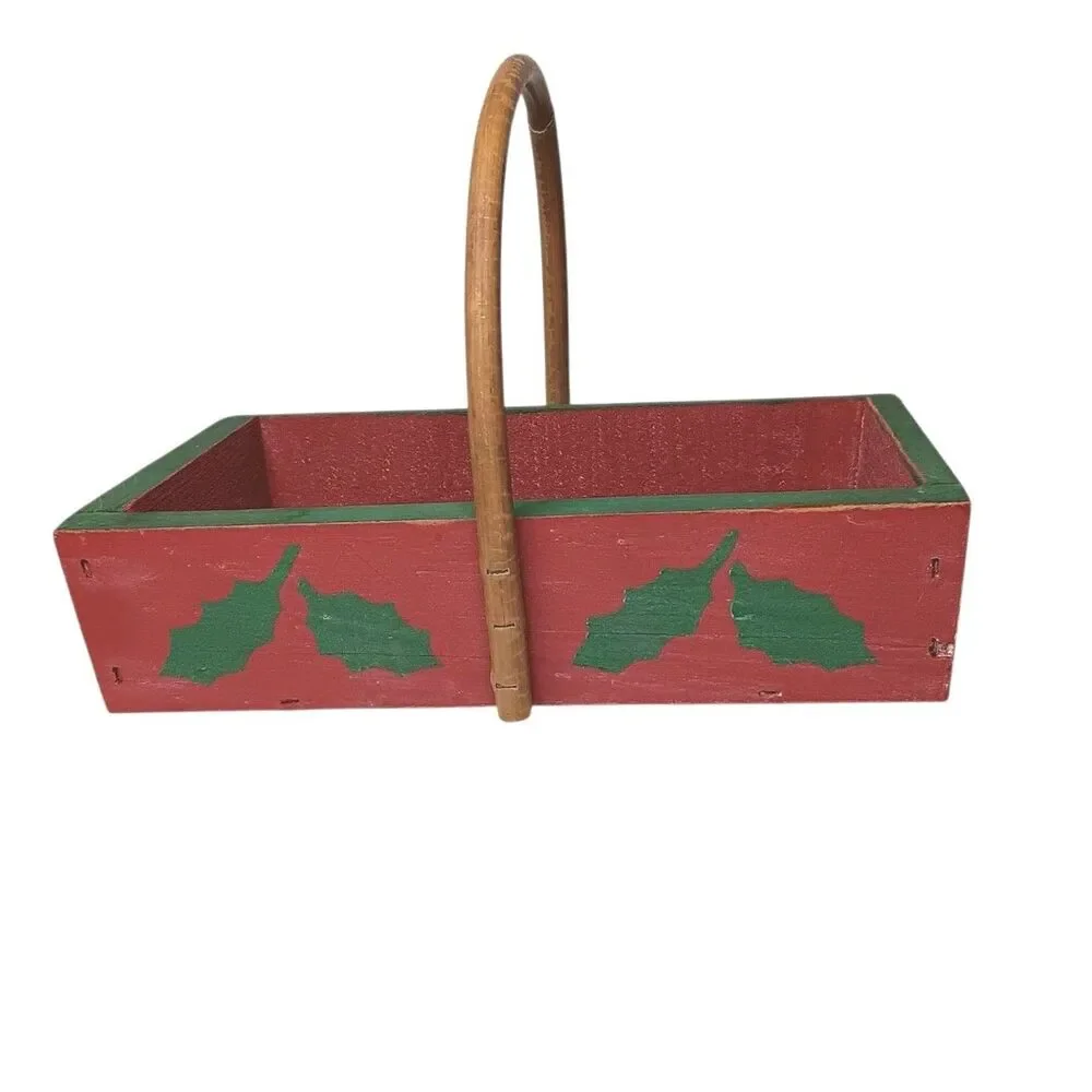Wood Christmas Basket Red & Green Holly Leaves Design Rectangle With Handle